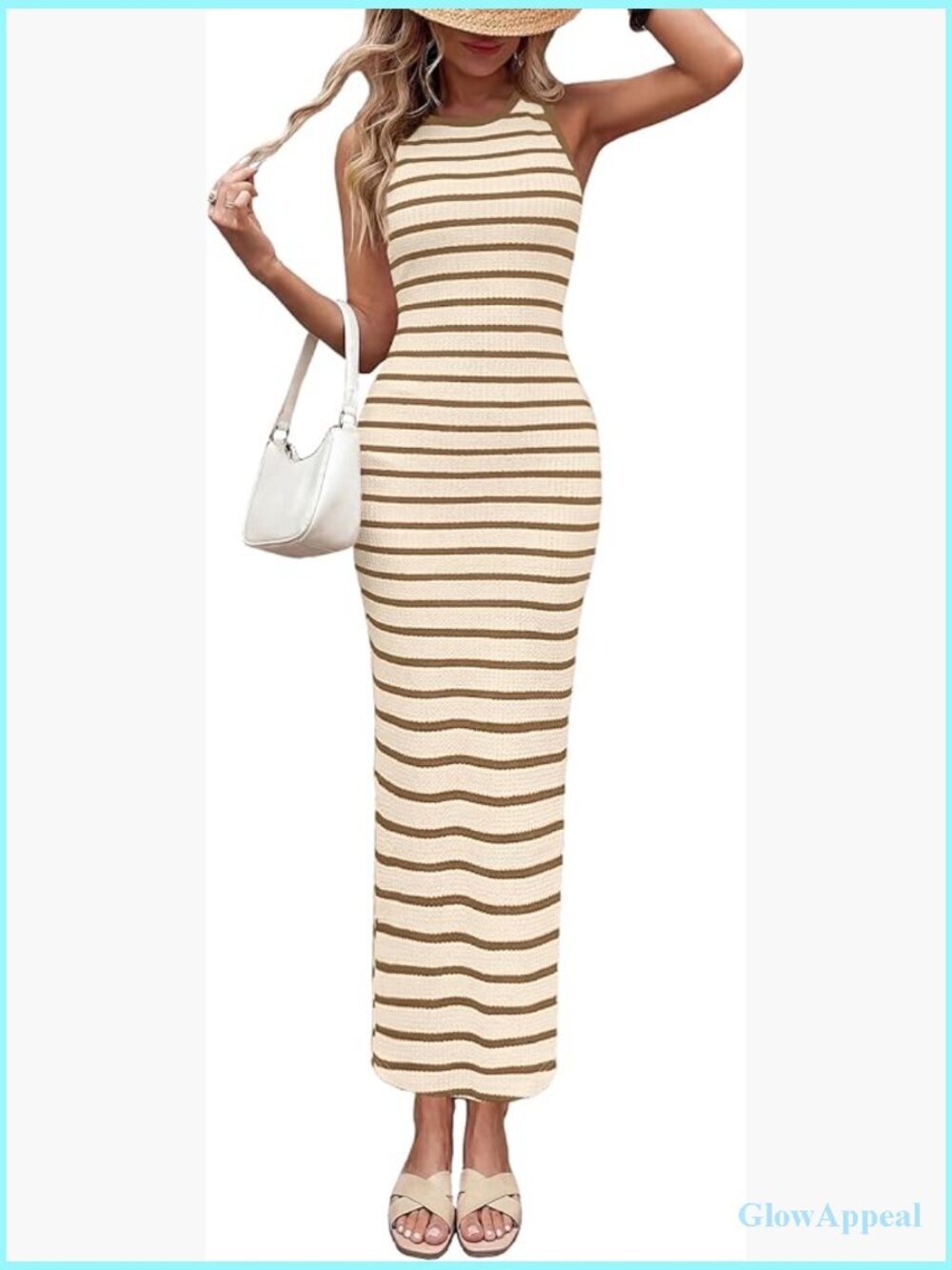 Striped Knit Bodycon Maxi Dress Side Slit Sleeveless Summer Beach Vacation